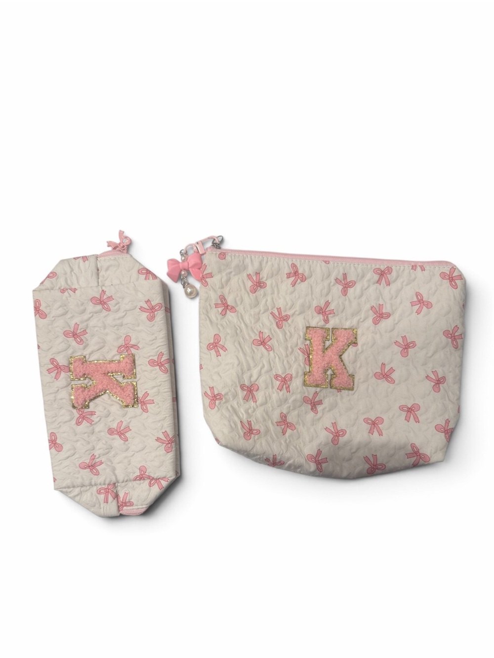 Kids Pink Bow Pouch Set with K Monogram